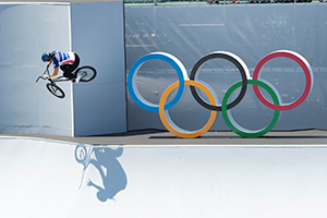 Perris Benegas transferring sections during the the Women's BMX Freestyle Finals. Photo: Casey Gibson