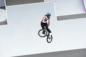 Perris Benegas executing a turndown during the the Women's BMX Freestyle Seeding event. Photo: Casey Gibson