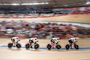 The Women's Team Pursuit at speed. Photo: Casey Gibson